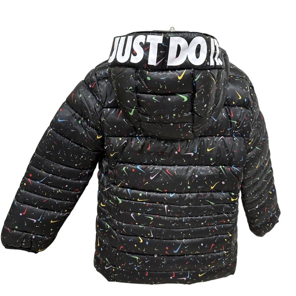 NWT Nike Girls Black Multi/ Swoosh Pattern Hooded Zip-Up Coat Sz 6x - Picture 2 of 7